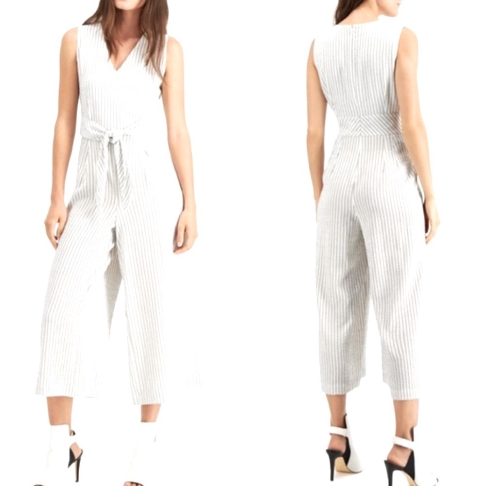 Calvin Klein Striped V Neck Crepe Cropped Jumpsuit - 10